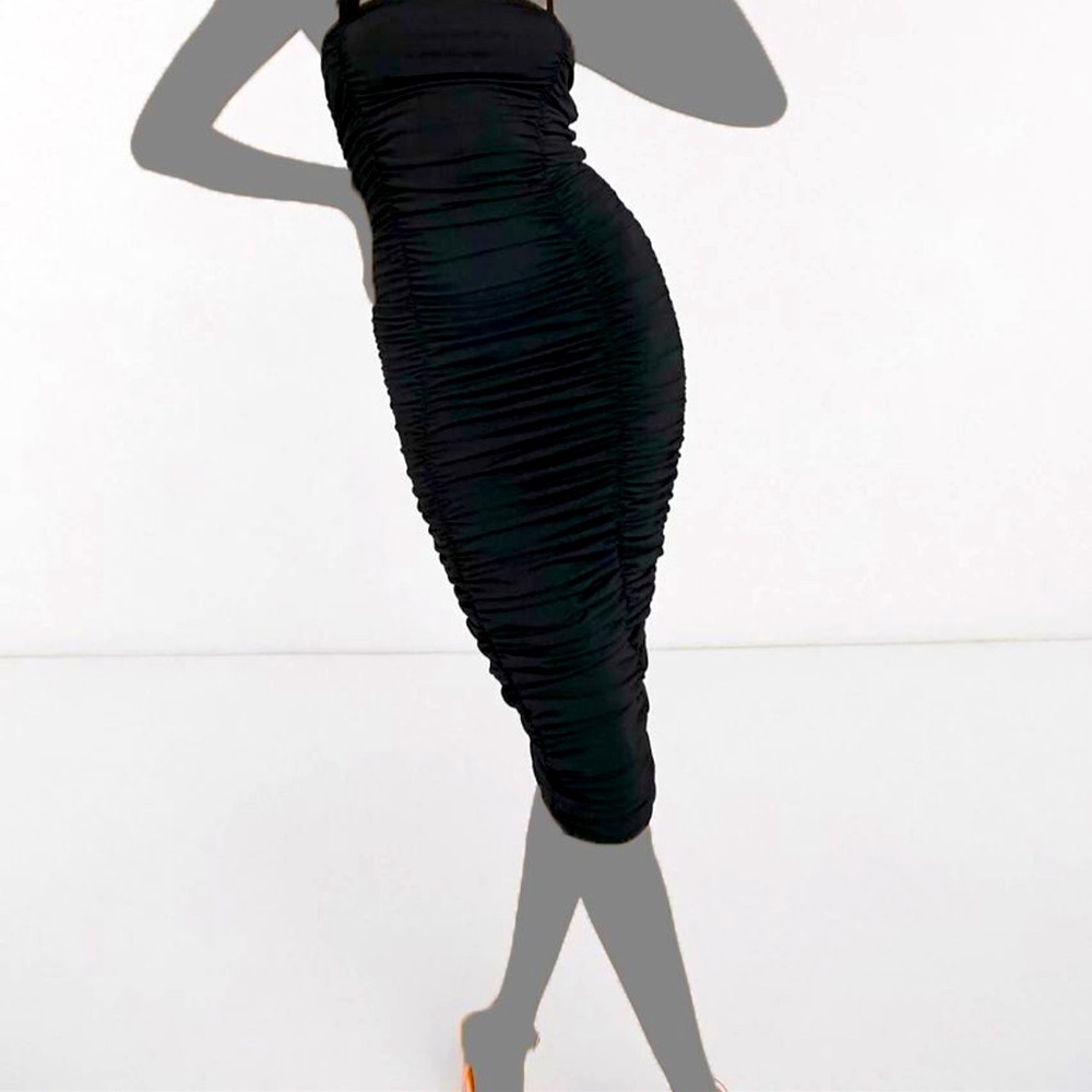 AX ARMANI EXCHANGE SHIMMERY STRAPLESS BLACK BODYCON RUCHED MIDI DRESS 12